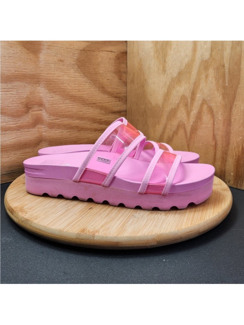 Reef Pink Platform Slide Sandals with Transparent Straps